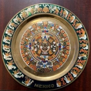 Vintage Mexican Copper Enameled Aztec Mayan Sun Calendar Wall Plate
